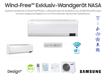 Montage/Geräte Package: Samsung Wind-Free Exklusiv Klimaanlage (Luft-Luft Wärmepumpe) Mono-Split Set - Kühlen/ Heizen 1.60~6.70/ 1.30~8.00 kW- inkl. Standardmontage