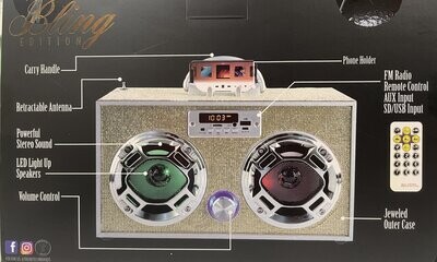 Trend Tech -Bling Edition: Bluetooth Boombox w/LED lights & Phone Holder