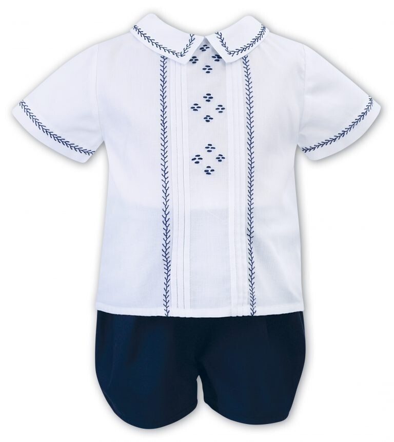 Sarah Louise- Pintuck Embroider Dressy Short Set, Size: 6M (US 12M), Color: White/Navy, Style: C4001