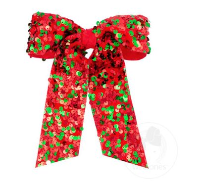Wee Ones- Velvet Red/Grn Sequin Bow w/Long Tail