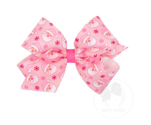 Wee Ones- Grosgrain Pink Christmas Print Bow