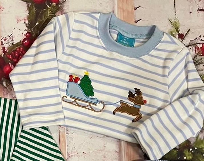 Claire &amp; Charlie- Reindeer Sleigh Applique Pant Set