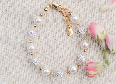 Cherished Moments- Charlotte 14K Gold Plated Simulated Pearl and Sparkling Stardust Bracelet