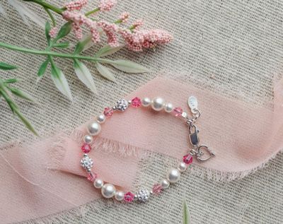 Cherished Moments- Navey Sterling Silver Simulated Pearls and Crystals with Heart Bracelet