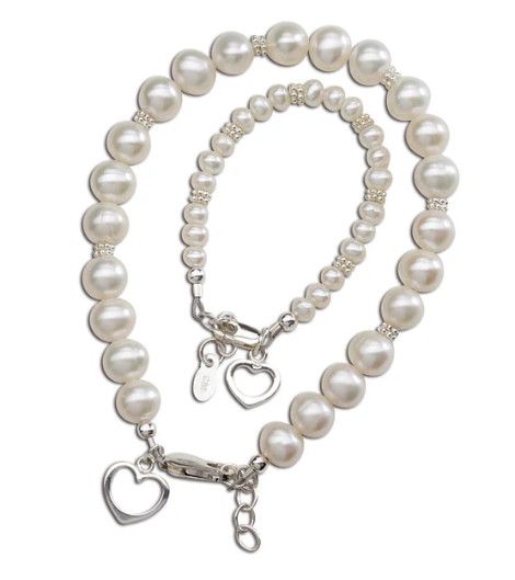 Cherished Moments- Mom &amp; Me Sterling Silver Bracelet Set Hearts Entwined with Heart