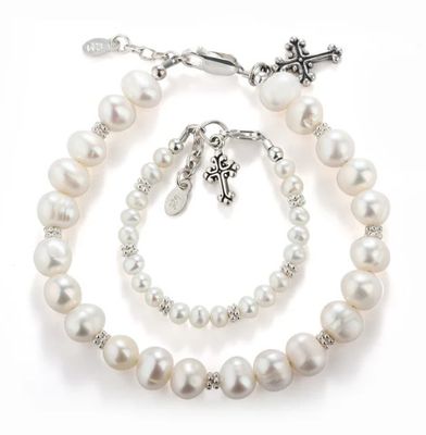 Cherished Moments- Mom &amp; Me Sterling Silver Bracelet Set Baptism Gift with Cross Charms