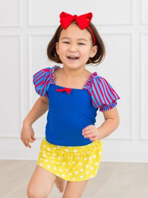 RuffleButts- Apple Princess  Puffed Sleeve Skirted 2-Piece Swimsuit