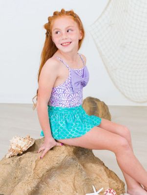 RuffleButts- Magical Mermaid Big Bow Skirted One Piece