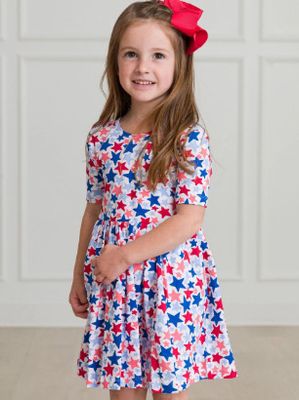 RuffleButts- Star-Spangled Knit Short Sleeve Twirl Dress