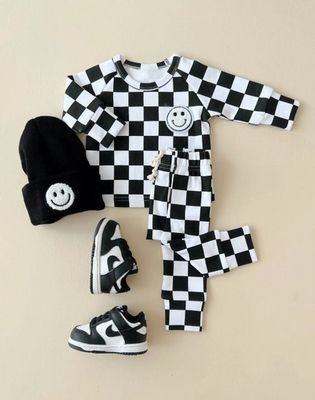 Lucky Panda Kids- Checkered Smiley Lounge Set