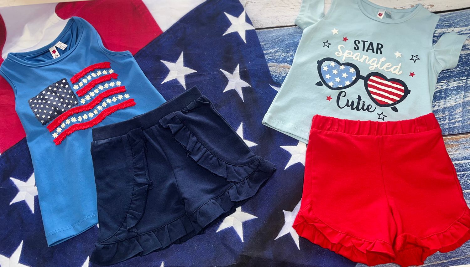 CR KIDS- Star Spangled Cutie Off Shoulder Top &amp; Terry Ruffled Short