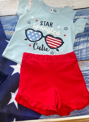 CR Kids- Star Spangled Cutie Off Shoulder Top &amp; Terry Ruffle Short