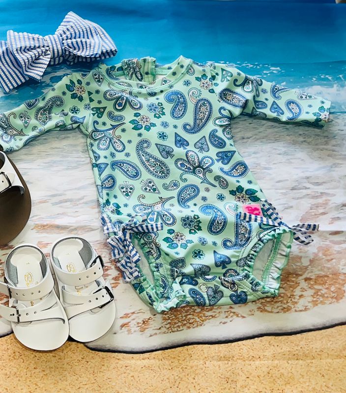 RuffleButts- Sea Glass Paisley L/S One Piece Rash Guard &amp; Swim Bow Headband UPF50+