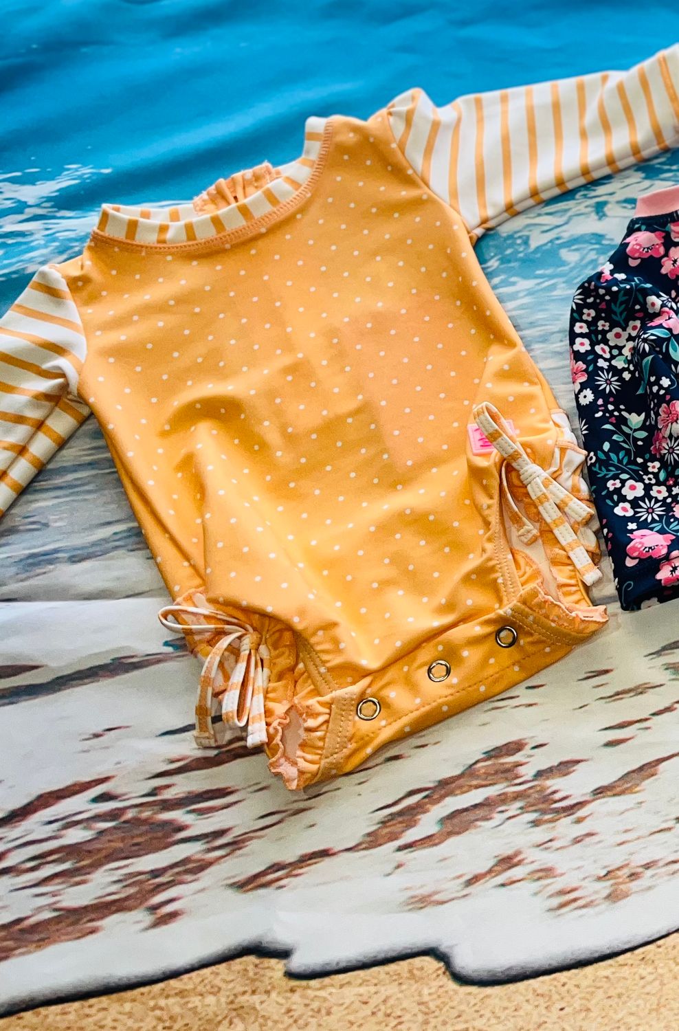 RuffleButts- Polka Dot One Piece Rash Guard L/S UPF50+