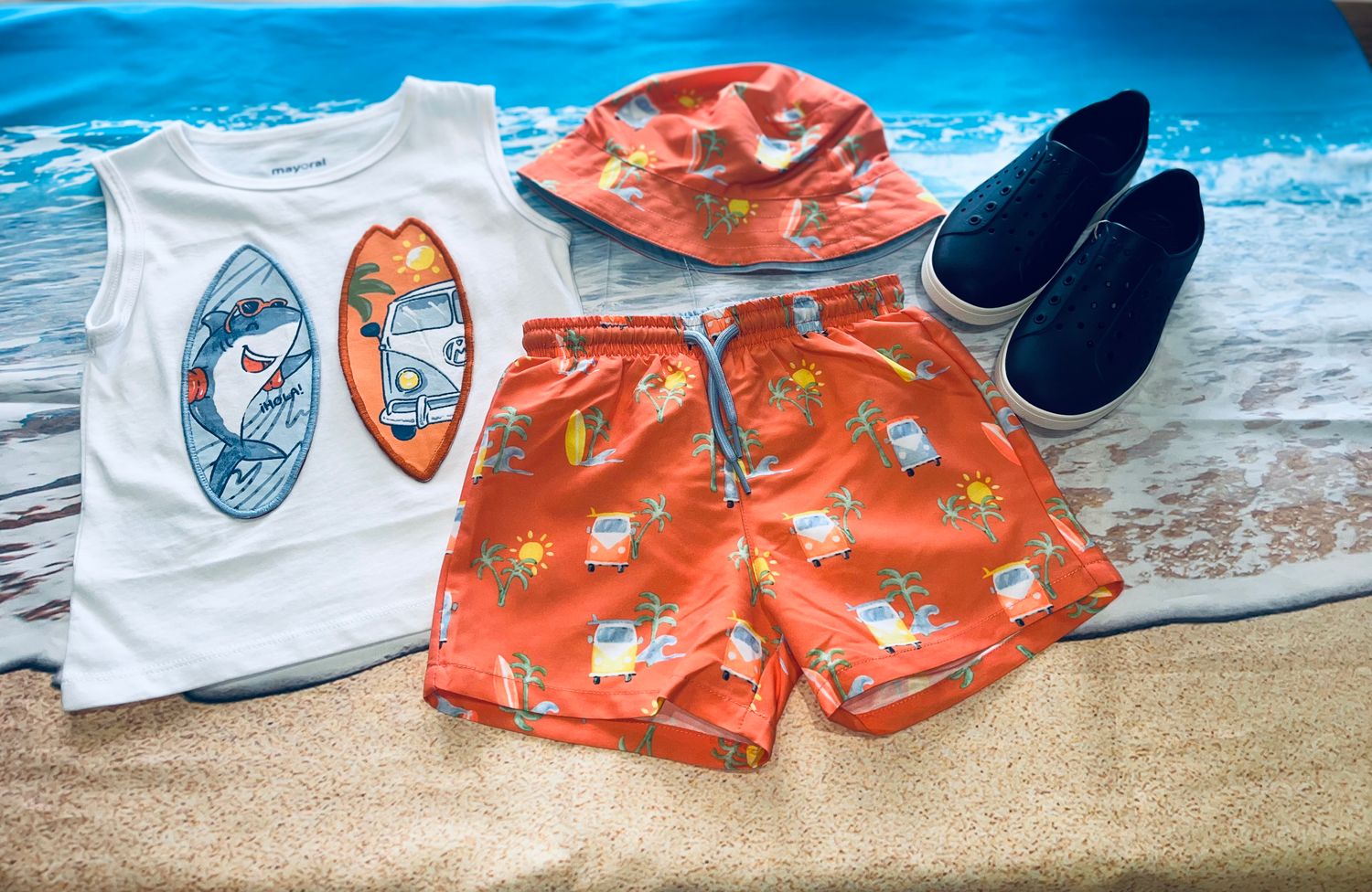 Mayoral- Baby- Interactive Sleeveless T-Shirt, Swim Trunks and Reversible Hat Set with Sun Protection