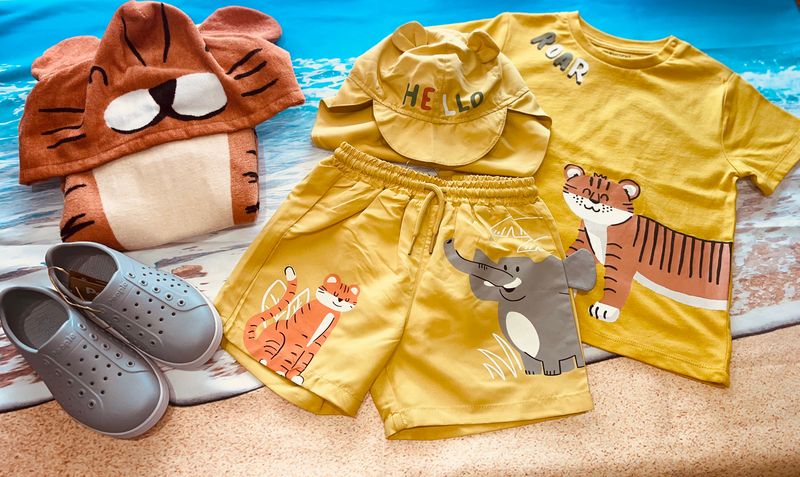 Mayoral- Baby- Printed Shirt, Swim Trunks and Interactive Hat Set with Sun Protection