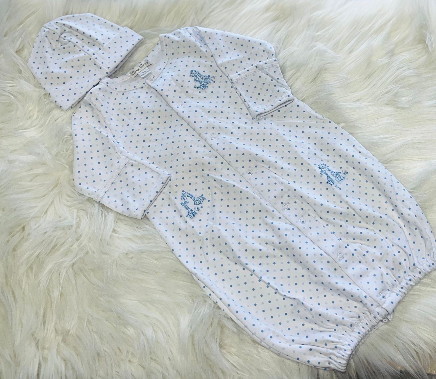 Kissy Kissy- Giraffe Grace Dot Convertible Gown &amp; Hat, Size: SM (0-3M), Color: K480 Light Blue, Style: KBW12644N