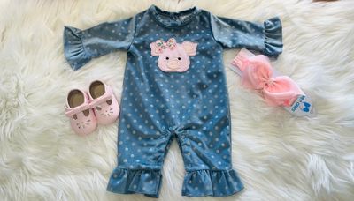 Three Sisters- Pig Applique Velour Romper