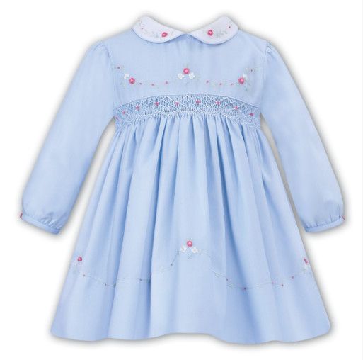 Sarah Louise- L/S Hand-Smocked Embroider Raspberry Flowers Dress