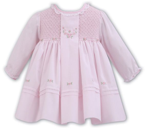 Sarah Louise- L/S Pastel Dress w/Pleat Hand-Embroider Roses &amp; Smocked