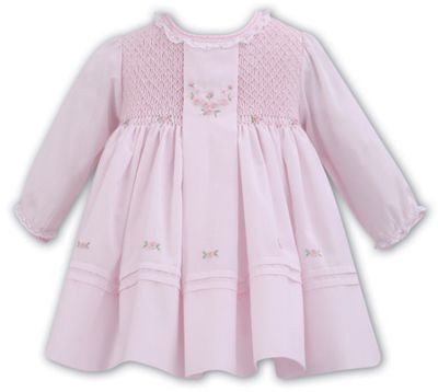 Sarah Louise- L/S Pastel Dress w/Pleat Hand-Embroider Roses &amp; Smocked