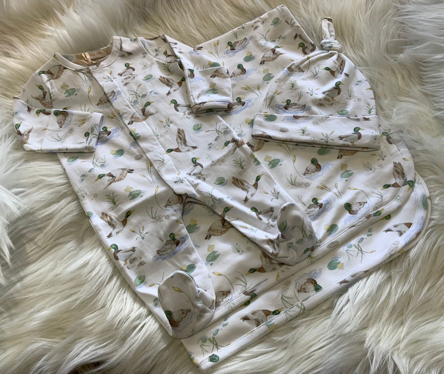 Baby Club Chic- Mallard Ducks Footie, Knotted Hat &amp; Blanket