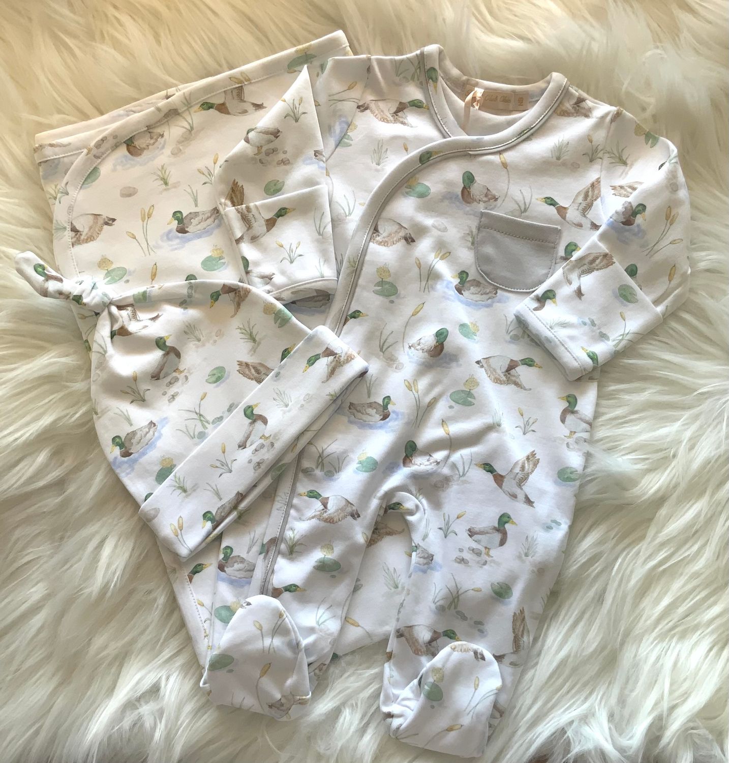 Baby Club Chic- Mallard Ducks Crossed Footie, Knotted Hat &amp; Blanket