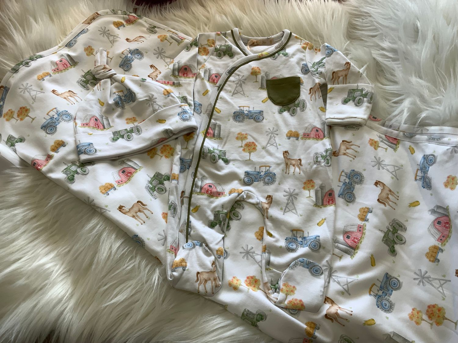 Baby Club Chic- Tractor Farm Crossed  Footie, Knotted Hat &amp; Blanket