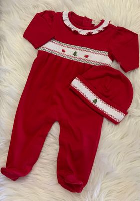 Kissy Kissy- CLB Holiday Medley 25 Christmas Tree Hand Smocked Footie &amp; Hat