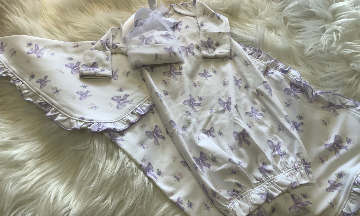 Baby Club Chic- Lavender Bows Gown,  Hat &amp; Blanket