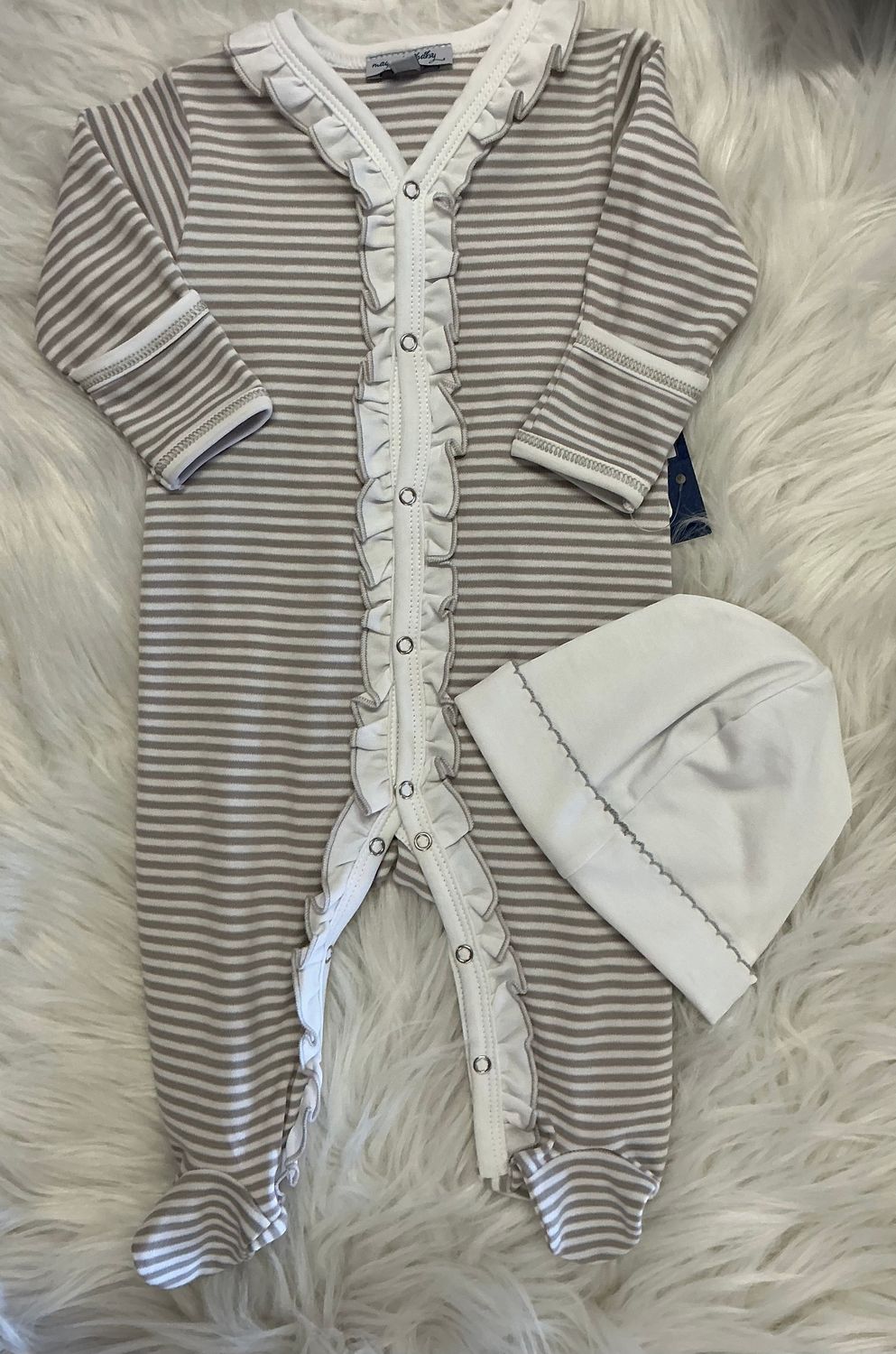 Magnolia Baby- Striped Essentials Ruffle Front Footie, Hat, Swaddle Blanket