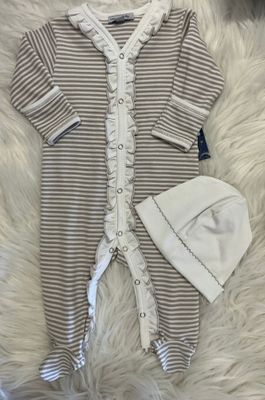 Magnolia Baby- Striped Essentials Ruffle Front Footie, Hat, Swaddle Blanket