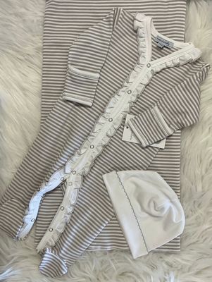 Magnolia Baby- Striped Essentials Ruffle Front Footie, Hat, Swaddle Blanket
