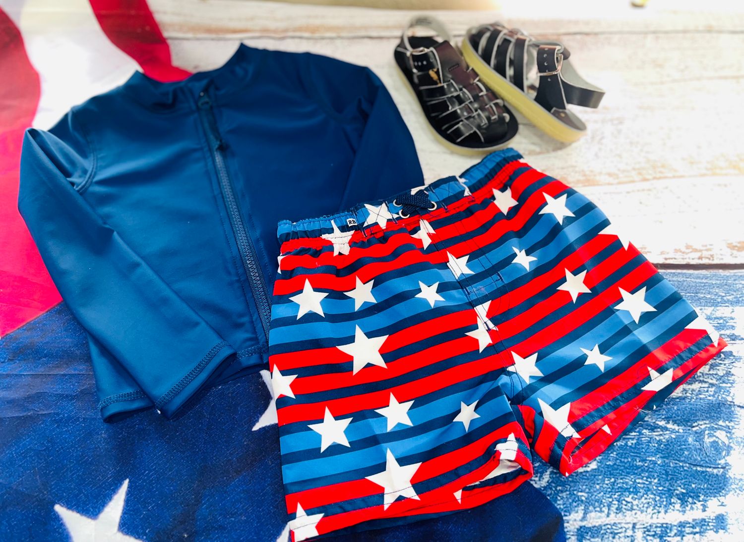 RUGGEDBUTTS- All-American Swim Trunks &amp; Full Zip Rash Guard