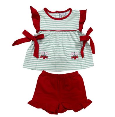 Three Sisters- Strawberry Appliqué Short Set with Ties