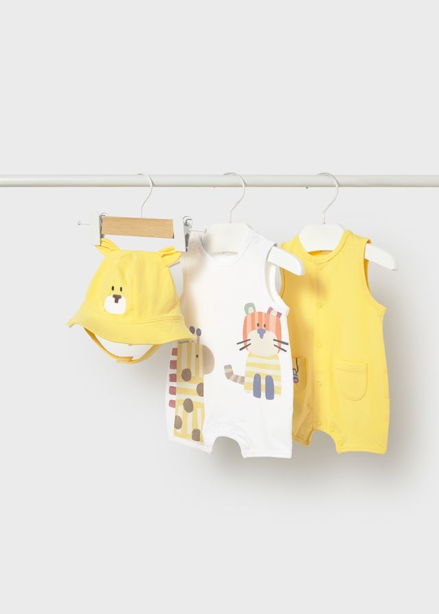 Mayoral- Newborn- 3 Piece Short Rompers and Hat Set