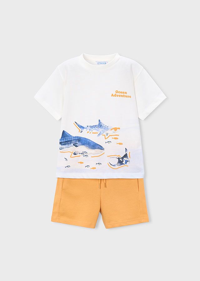 Mayoral- Mini- Shorts and Sharks Graphic T-Shirt Set, Size: 4, Color: 62 Peach, Style: 3610