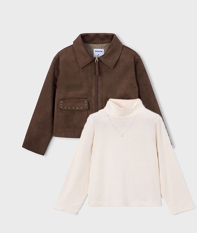 Mayoral- Mini- Girl Suede Jacket &amp; Turtleneck Set, Size: 5, Color: 90 Castaña-42 Soja/Chestnut-Soy, Style: 4409