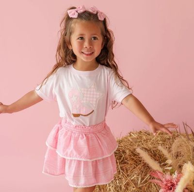 Sweet Wink- Western Bandana Cowgirl Patch Short Sleeve Skort Set with Bow Clip Set