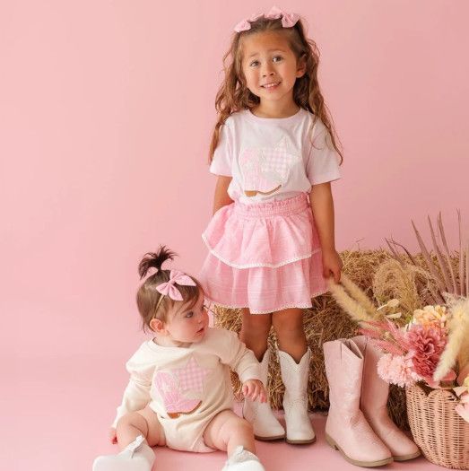 Sweet Wink- Western Bandana Cowgirl Patch Short Sleeve Skort Set with Bow Baby Headband