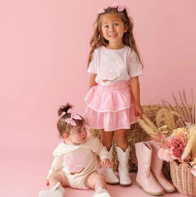 Sweet Wink- Western Bandana Cowgirl Patch Short Sleeve Skort Set with Bow Baby Headband