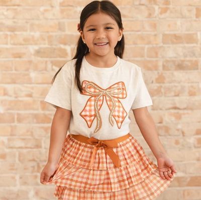 Sweet Wink- Cinnamon Plaid Bow Patch S/S T-Shirt and Tiered Tutu Skirt