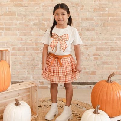 Sweet Wink- Cinnamon Plaid Bow Patch S/S T-Shirt and Tiered Tutu Skirt