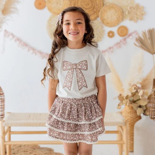 Sweet Wink- Mocha Floral Bow Patch Skort Set w/Bow Clip Set