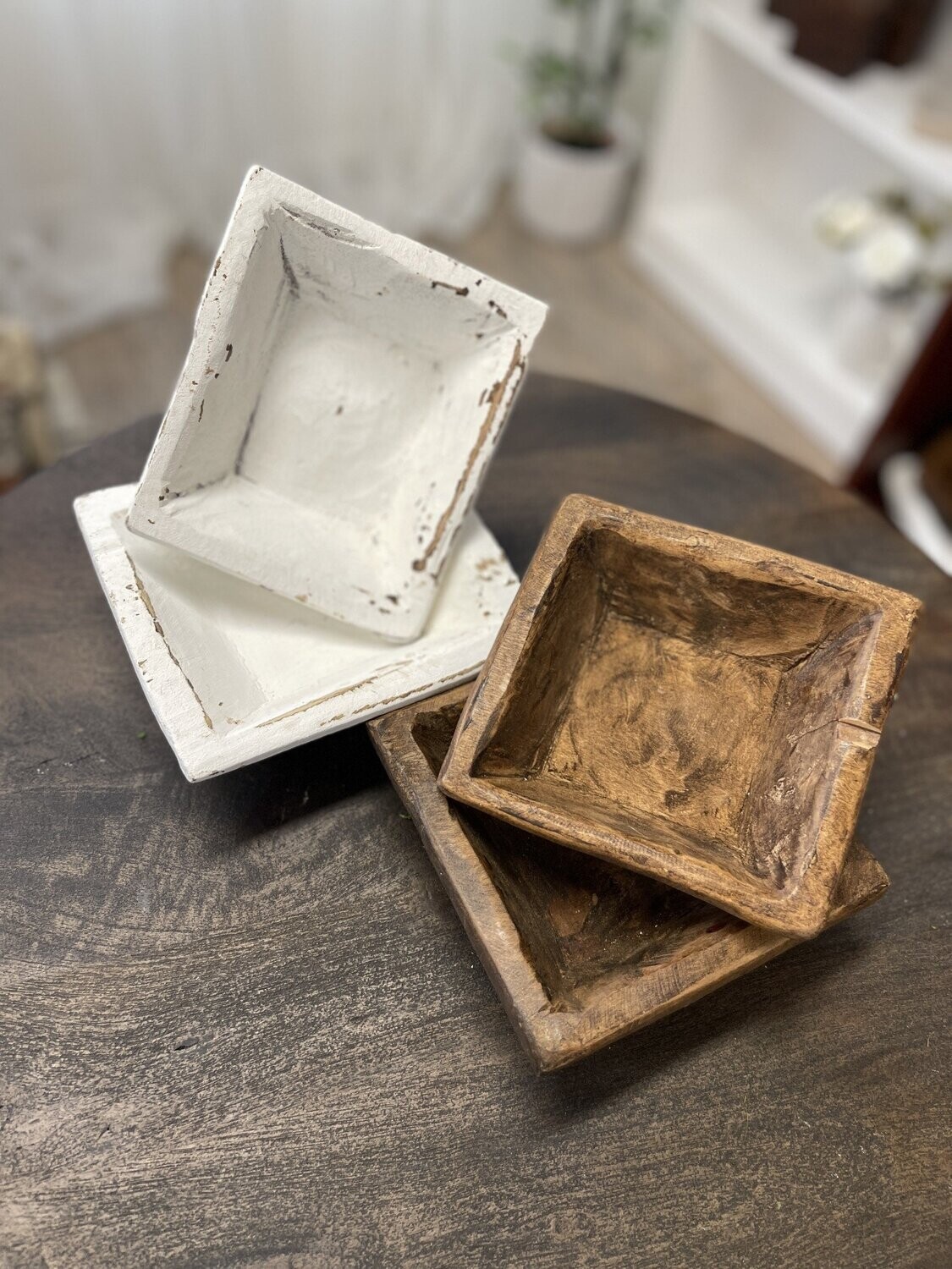 Small Square Wooden Bowl, Color: White