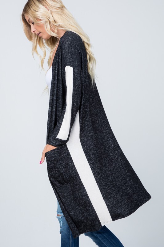 Brushed Sweater Color Block Cardigan w/ Pockets, Color: Charcoal w/ White Color Block, Size: S