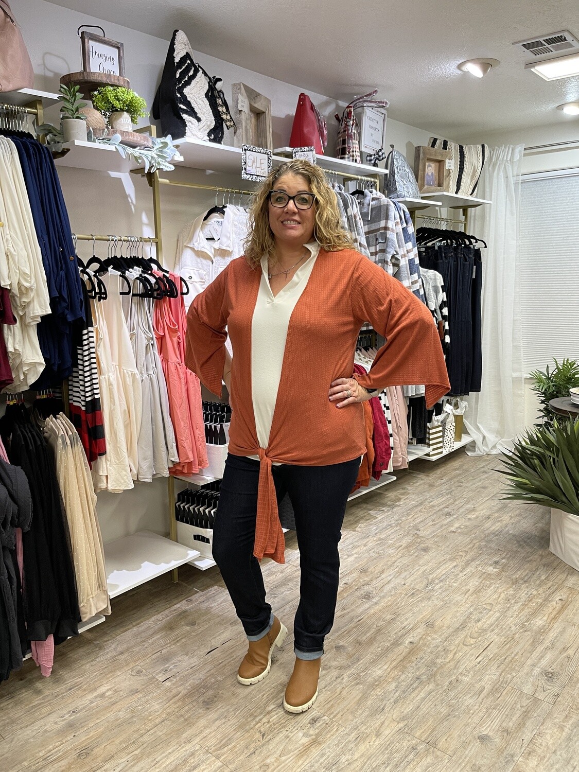 OPEN SLEEVE CARDIGAN WITH FRONT TIE -RUST, Size: SM