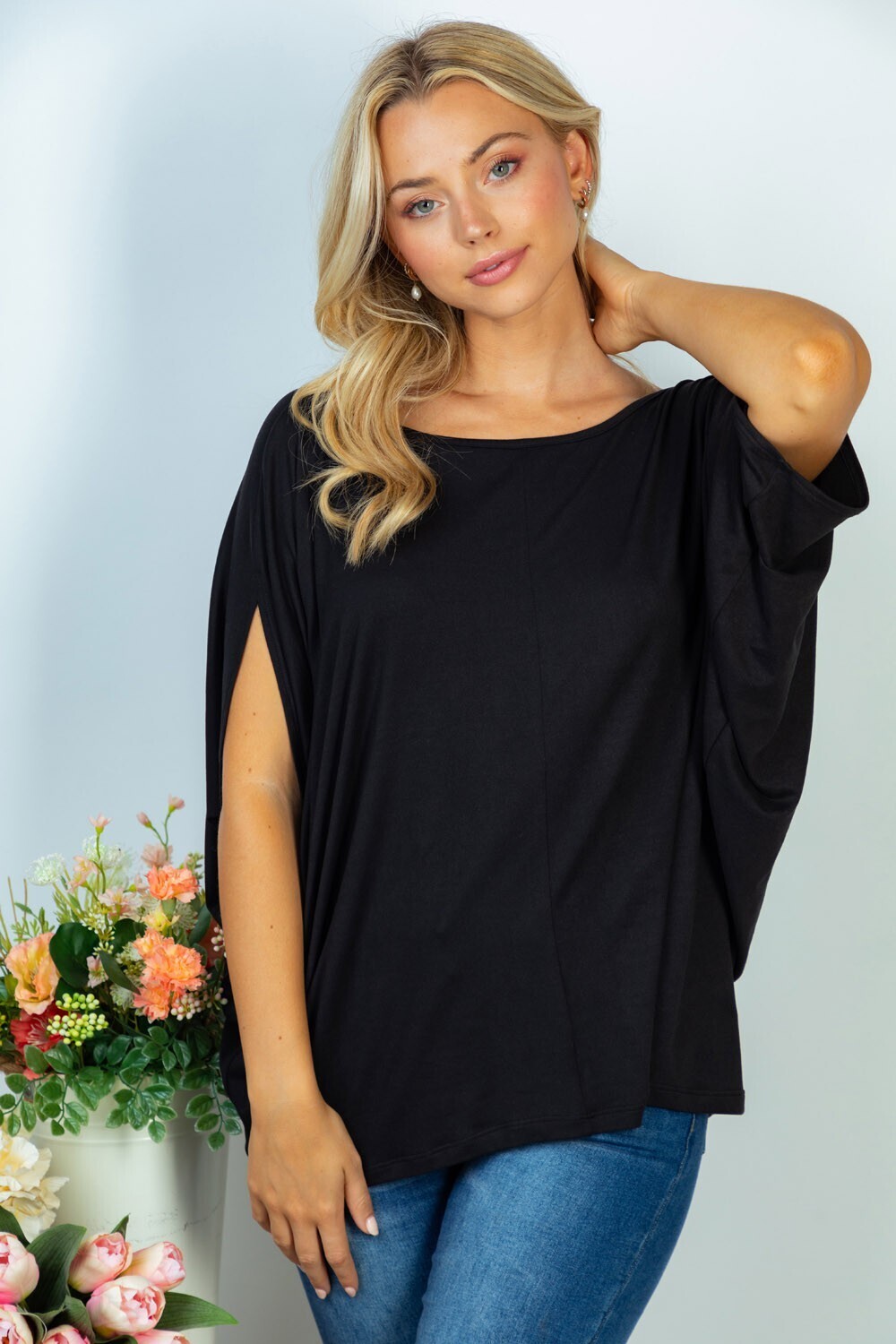 Short Sleeve Solid Knit Top, Color: Black, Size: 1X