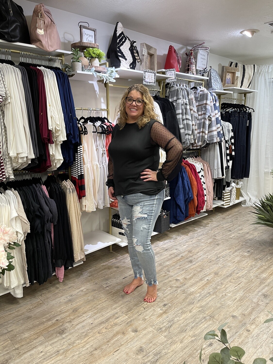 SOLID TUNIC TOP WITH LACE SLEEVES- MADE IN USA, Color: Black, Size: SM