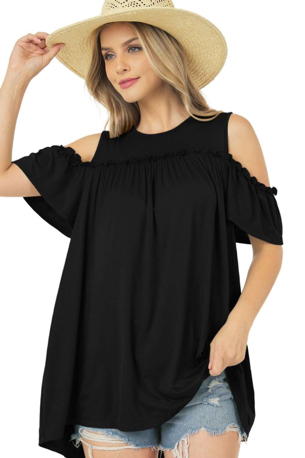 Basic Tunic Cold Shoulder Top with Shirring around, Color: Black, Size: SM